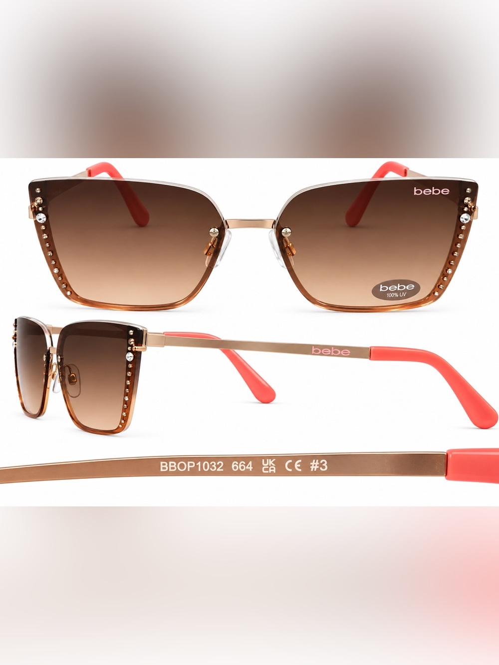bebe Gold Frame Sunglasses with Pink Temple Tips and Gradient Lenses (No Case)